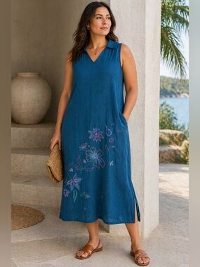 Vintage Studio Ease Linen Blend Embroidered Shift Maxi Dress Size 18 Sleeveless